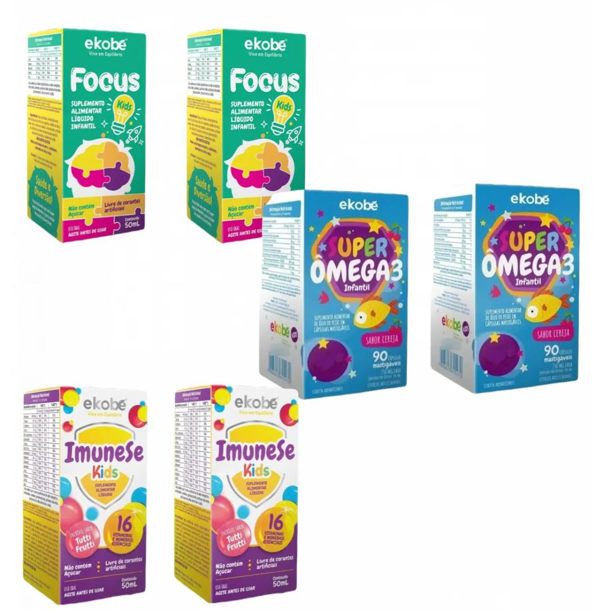 2x Focus Kids + 2x Super Ômega 3 Kids + 2x Imunese Kids